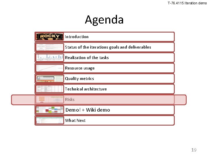 T-76. 4115 Iteration demo Agenda Introduction Status of the iterations goals and deliverables Realization