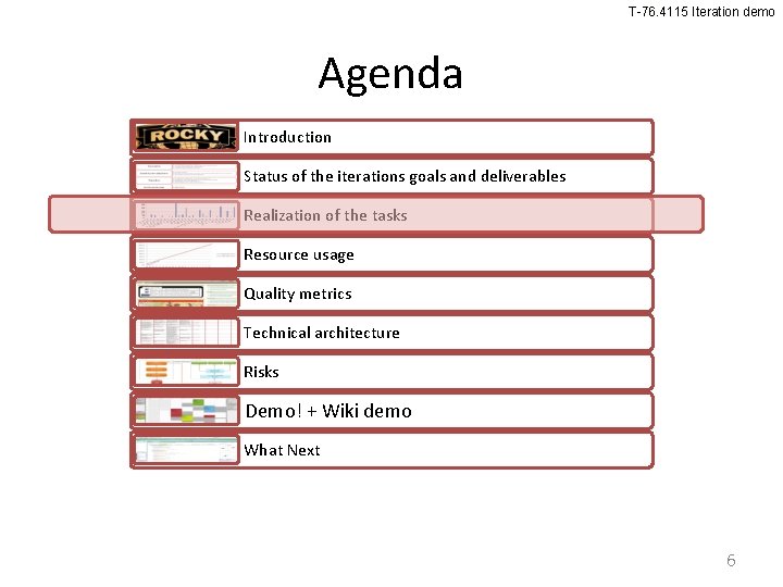 T-76. 4115 Iteration demo Agenda Introduction Status of the iterations goals and deliverables Realization