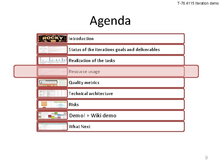 T-76. 4115 Iteration demo Agenda Introduction Status of the iterations goals and deliverables Realization