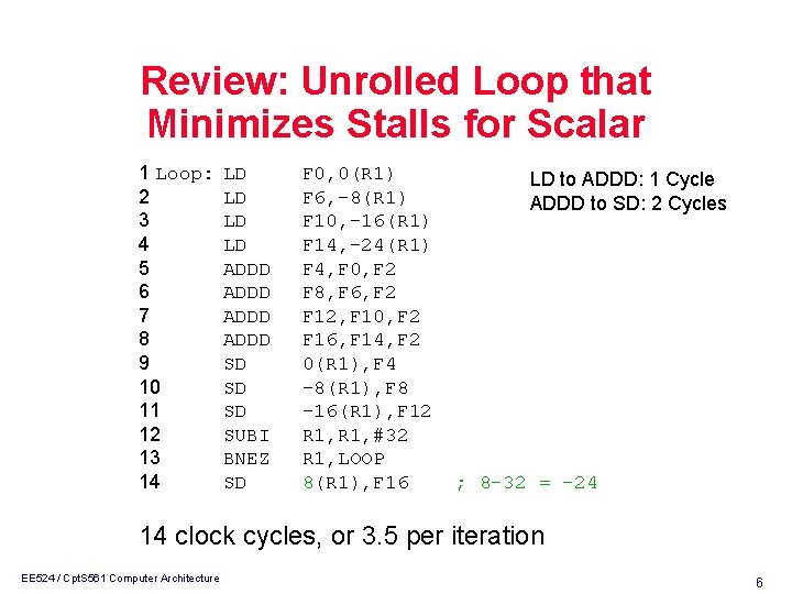 Review: Unrolled Loop that Minimizes Stalls for Scalar 1 Loop: 2 3 4 5