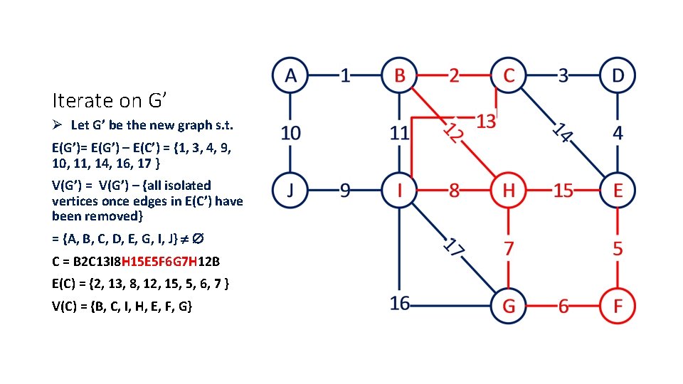 Iterate on G’ Ø Let G’ be the new graph s. t. E(G’)= E(G’)