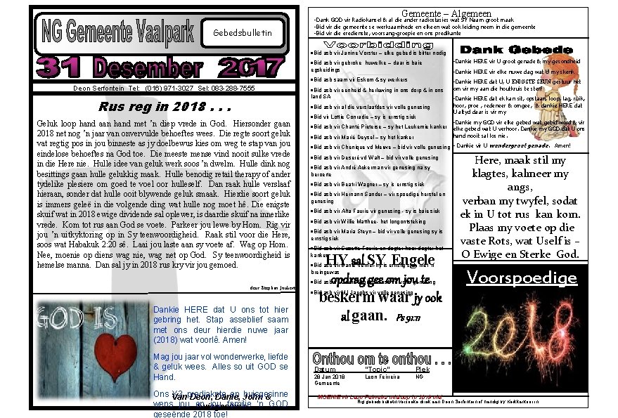 Gemeente – Algemeen Gebedsbulletin -Dank GOD vir Radiokansel & al die ander radiostasies wat