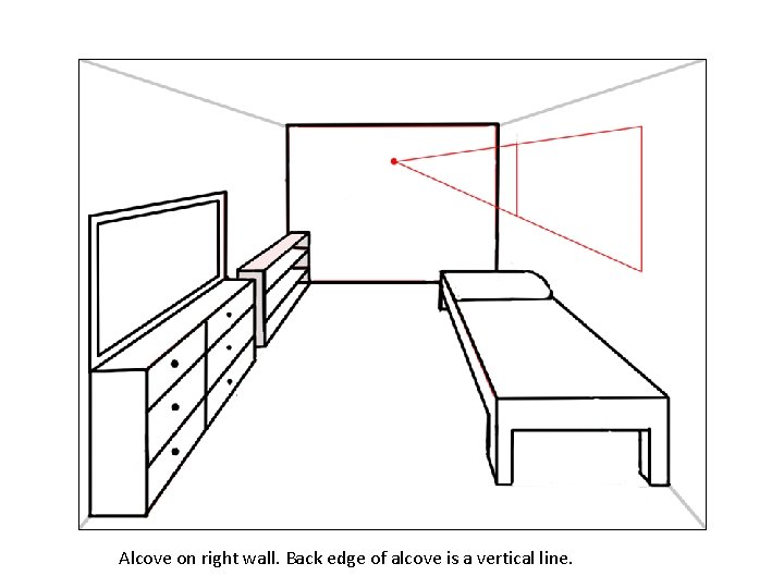 Alcove on right wall. Back edge of alcove is a vertical line. 