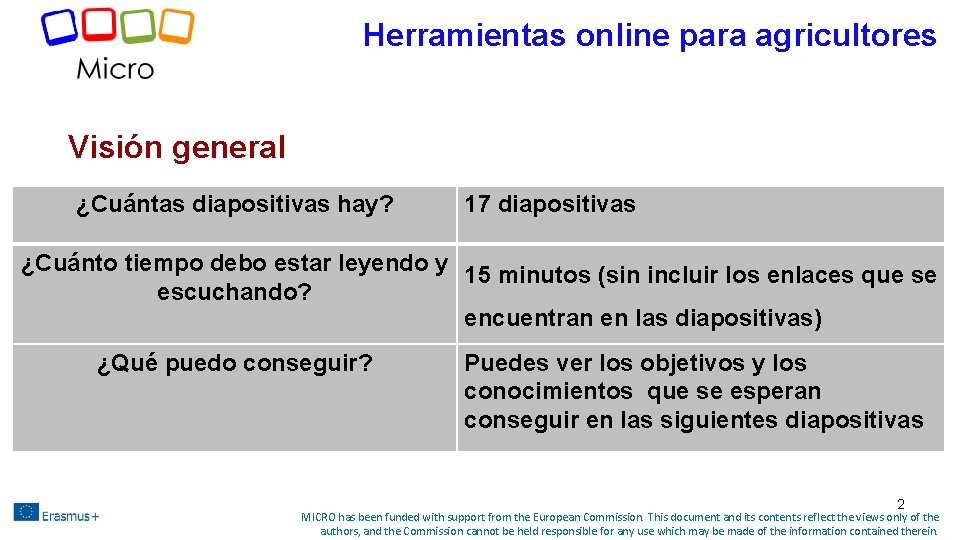 Herramientas online para agricultores Visión general ¿Cuántas diapositivas hay? 17 diapositivas ¿Cuánto tiempo debo Herramientas online para agricultores Visión general ¿Cuántas diapositivas hay? 17 diapositivas ¿Cuánto tiempo debo
