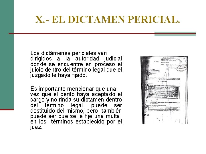 X. - EL DICTAMEN PERICIAL. Los dictámenes periciales van dirigidos a la autoridad judicial