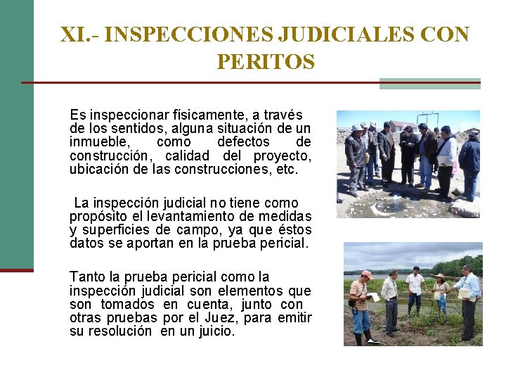 XI. - INSPECCIONES JUDICIALES CON PERITOS Es inspeccionar físicamente, a través de los sentidos,