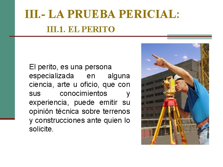 III. - LA PRUEBA PERICIAL: III. 1. EL PERITO El perito, es una persona