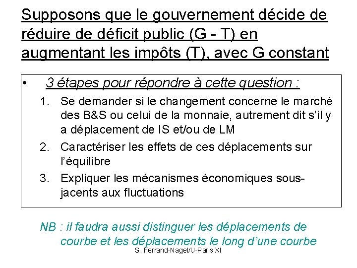 Supposons que le gouvernement décide de réduire de déficit public (G - T) en