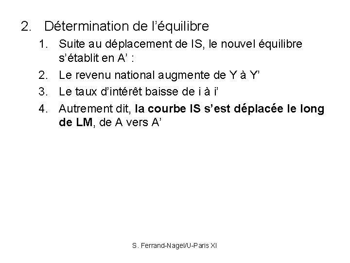 2. Détermination de l’équilibre 1. Suite au déplacement de IS, le nouvel équilibre s’établit