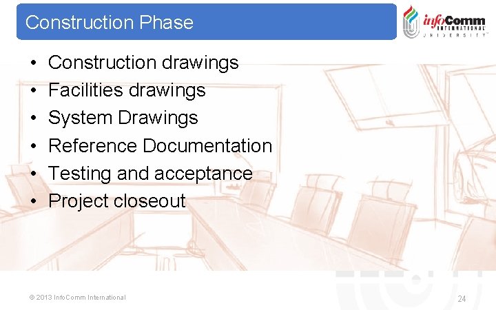 Construction Phase • • • Construction drawings Facilities drawings System Drawings Reference Documentation Testing