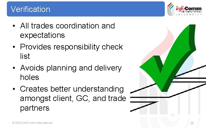 Verification • All trades coordination and expectations • Provides responsibility check list • Avoids