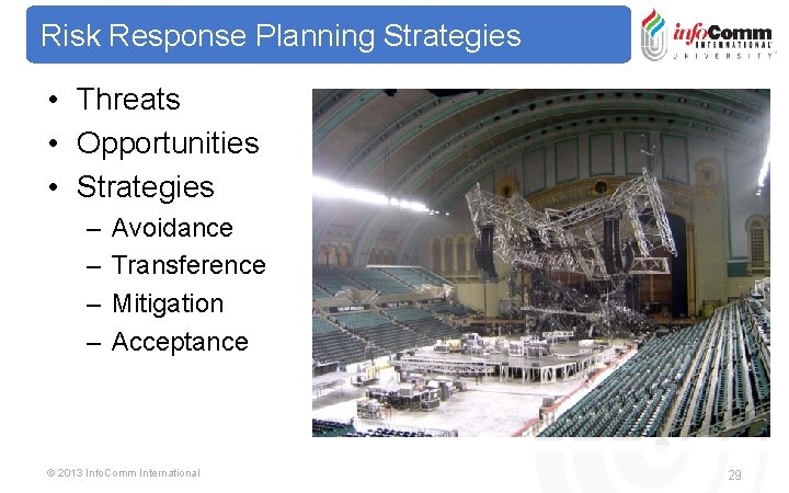 Risk Response Planning Strategies • Threats • Opportunities • Strategies – – Avoidance Transference