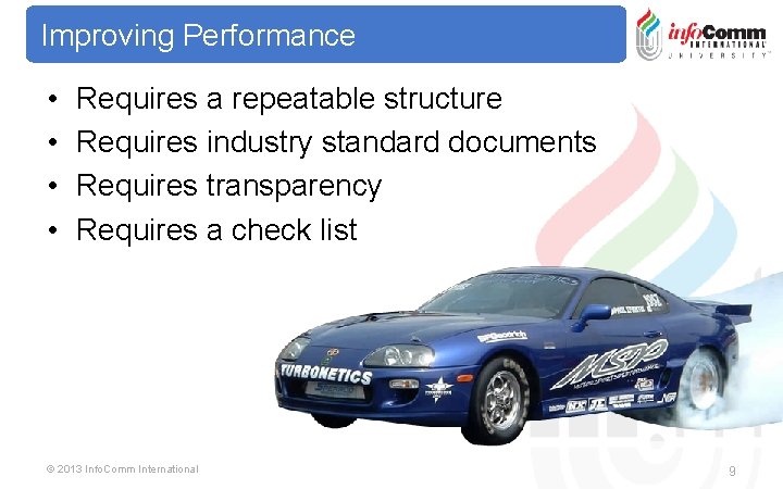 Improving Performance • • Requires a repeatable structure Requires industry standard documents Requires transparency