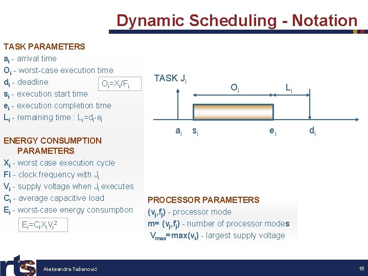 Dynamic Scheduling - Notation TASK PARAMETERS ai - arrival time Oi - worst-case execution