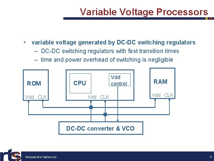Variable Voltage Processors • variable voltage generated by DC-DC switching regulators – DC-DC switching