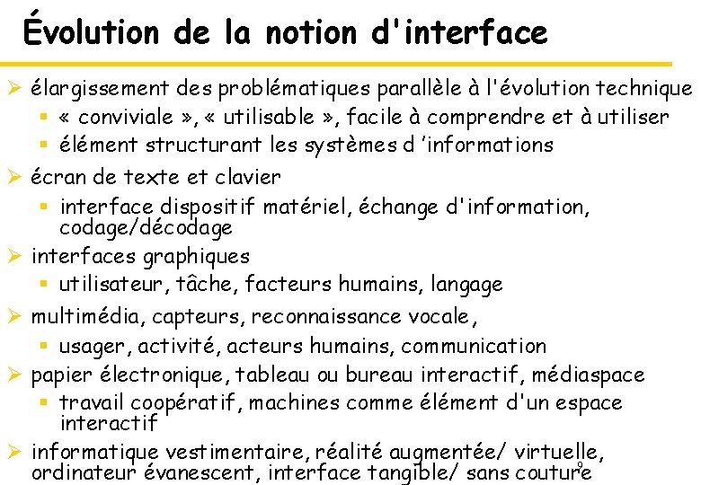 Évolution de la notion d'interface Ø élargissement des problématiques parallèle à l'évolution technique §
