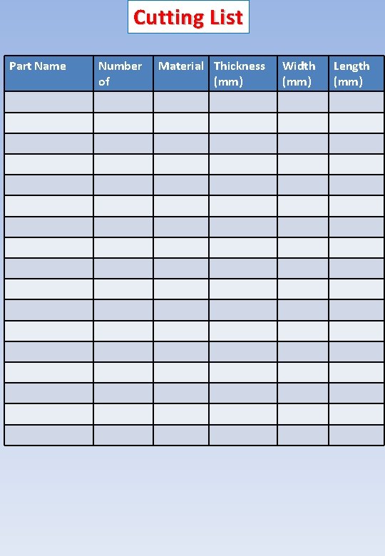 Cutting List Part Name Number of Material Thickness (mm) Width (mm) Length (mm) 