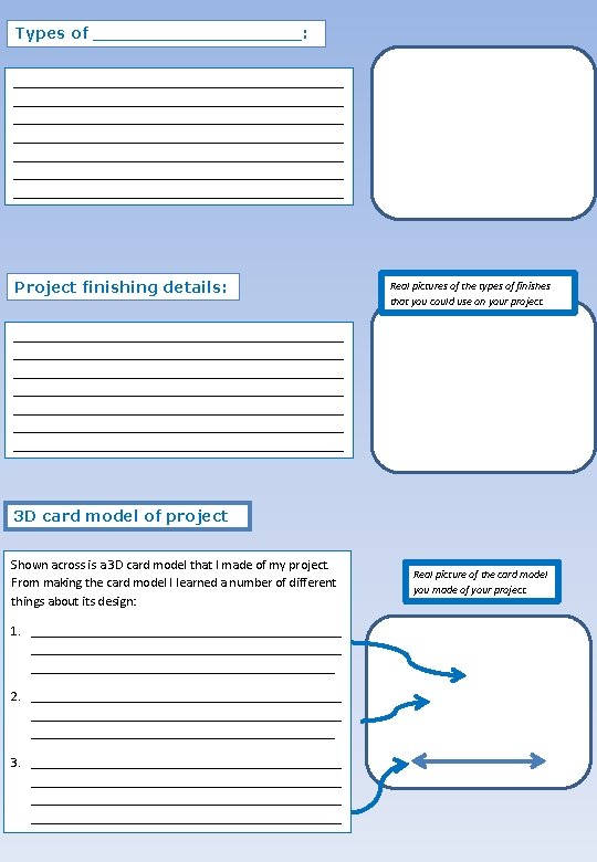 Types of __________: __________________________________________________ __________________________________________________ Project finishing details: Real pictures of the types of