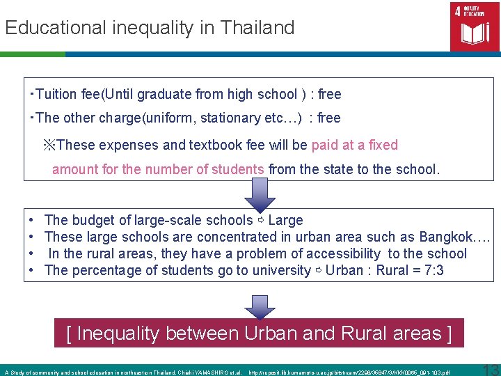 Educational inequality in Thailand ・Tuition fee(Until graduate from high school ) : free ・The