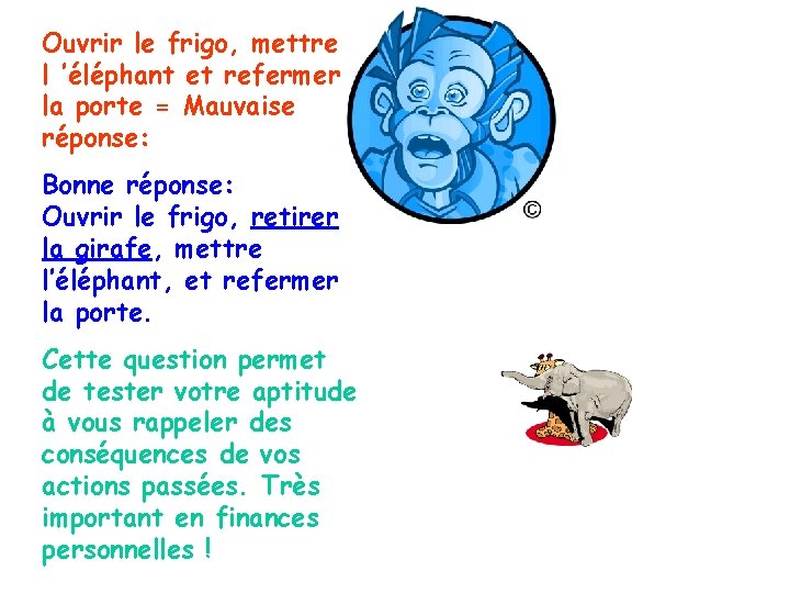 Ouvrir le frigo, mettre l ’éléphant et refermer la porte = Mauvaise réponse: Bonne