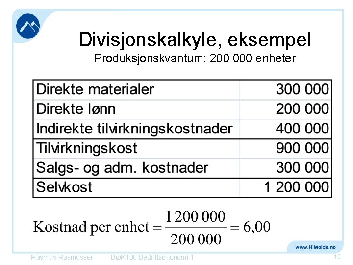 Divisjonskalkyle, eksempel Produksjonskvantum: 200 000 enheter Rasmussen BØK 100 Bedriftsøkonomi 1 10 Divisjonskalkyle, eksempel Produksjonskvantum: 200 000 enheter Rasmussen BØK 100 Bedriftsøkonomi 1 10