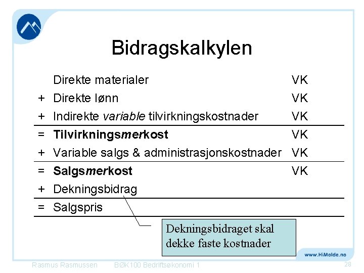 Bidragskalkylen Direkte materialer + Direkte lønn + Indirekte variable tilvirkningskostnader = Tilvirkningsmerkost + = Bidragskalkylen Direkte materialer + Direkte lønn + Indirekte variable tilvirkningskostnader = Tilvirkningsmerkost + =