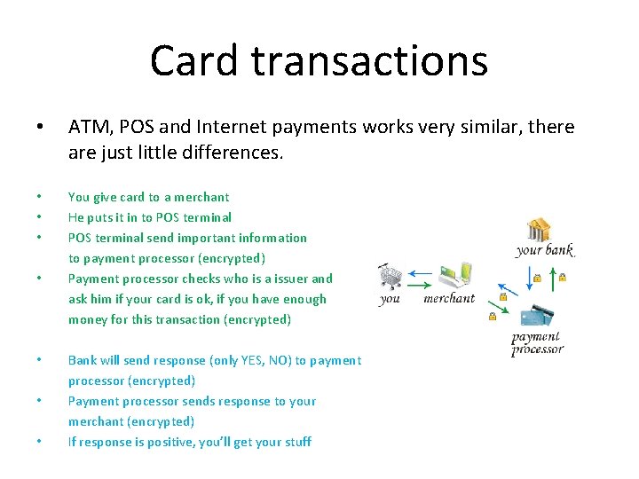 Card transactions • ATM, POS and Internet payments works very similar, there are just