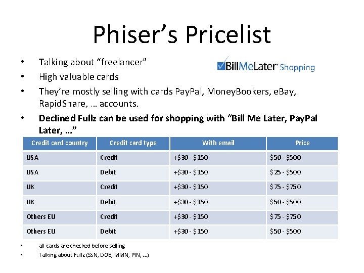 Phiser’s Pricelist Talking about “freelancer” High valuable cards They’re mostly selling with cards Pay.