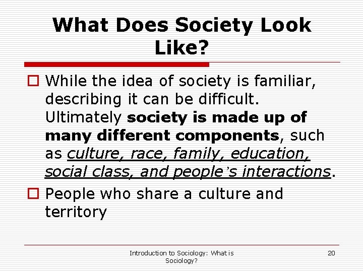 What Does Society Look Like? o While the idea of society is familiar, describing