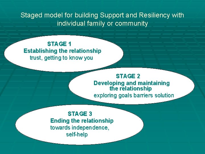 Staged model for building Support and Resiliency with individual family or community STAGE 1 Staged model for building Support and Resiliency with individual family or community STAGE 1