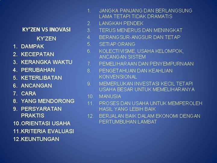 1. KY’ZEN VS INOVASI KY’ZEN 1. DAMPAK 2. KECEPATAN 3. KERANGKA WAKTU 4. PERUBAHAN