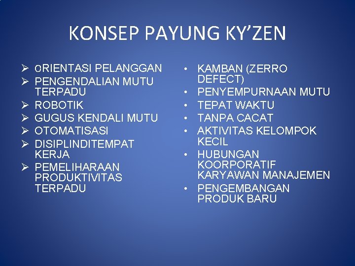 KONSEP PAYUNG KY’ZEN Ø ORIENTASI PELANGGAN Ø PENGENDALIAN MUTU TERPADU Ø ROBOTIK Ø GUGUS