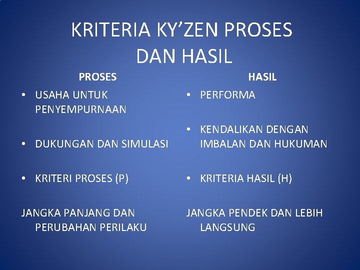 KRITERIA KY’ZEN PROSES DAN HASIL PROSES • USAHA UNTUK PENYEMPURNAAN HASIL • PERFORMA •