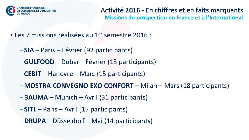 Activité 2016 - En chiffres et en faits marquants Missions de prospection en France