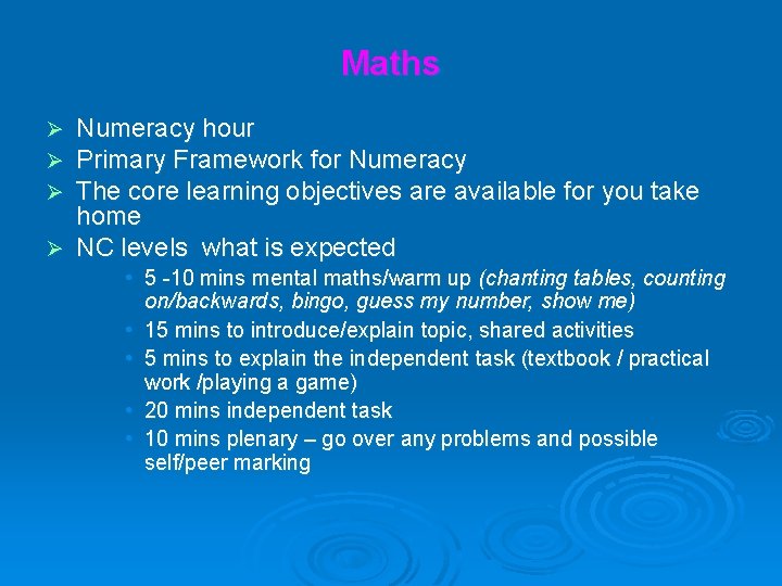 Maths Numeracy hour Primary Framework for Numeracy The core learning objectives are available for