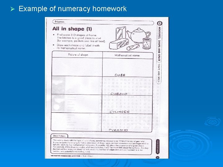 Ø Example of numeracy homework 