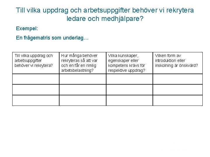 Till vilka uppdrag och arbetsuppgifter behöver vi rekrytera ledare och medhjälpare? Exempel: En frågematris Till vilka uppdrag och arbetsuppgifter behöver vi rekrytera ledare och medhjälpare? Exempel: En frågematris