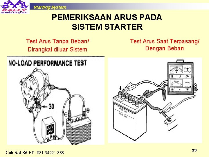 Starting System PEMERIKSAAN ARUS PADA SISTEM STARTER Test Arus Tanpa Beban/ Dirangkai diluar Sistem