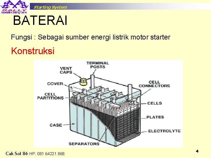 Starting System BATERAI Fungsi : Sebagai sumber energi listrik motor starter Konstruksi Cak Sol