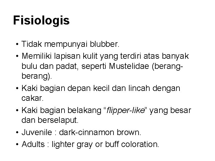Fisiologis • Tidak mempunyai blubber. • Memiliki lapisan kulit yang terdiri atas banyak bulu