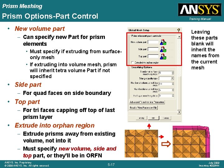Prism Meshing Prism Options-Part Control Training Manual • New volume part – Can specify