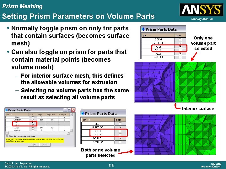 Prism Meshing Setting Prism Parameters on Volume Parts Training Manual • Normally toggle prism