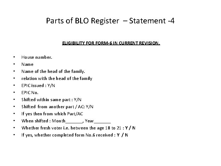 Parts of BLO Register – Statement -4 ELIGIBILITY FORM-6 IN CURRENT REVISION. • •