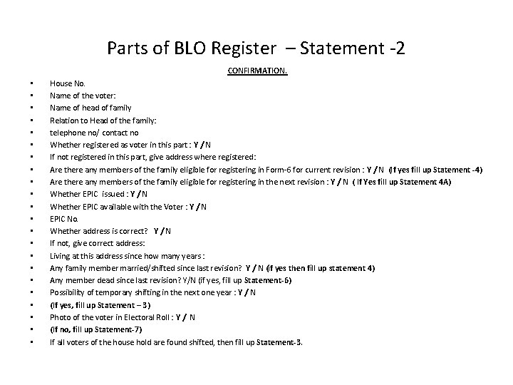 Parts of BLO Register – Statement -2 CONFIRMATION. • • • • • •