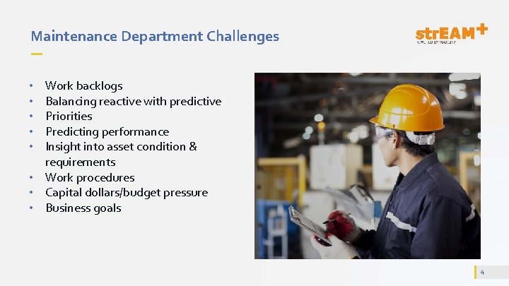 Maintenance Department Challenges Work backlogs Balancing reactive with predictive Priorities Predicting performance Insight into