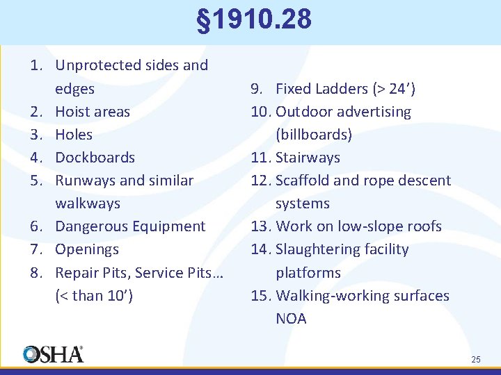 § 1910. 28 1. Unprotected sides and edges 2. Hoist areas 3. Holes 4.