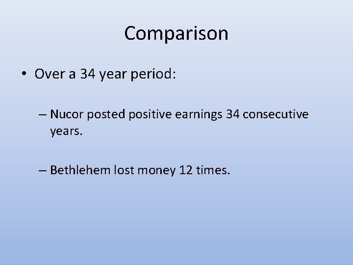 Comparison • Over a 34 year period: – Nucor posted positive earnings 34 consecutive Comparison • Over a 34 year period: – Nucor posted positive earnings 34 consecutive