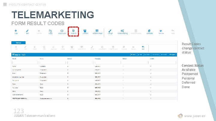 FIDELITY CONTACT CENTER TELEMARKETING FORM RESULT CODES Result Codes change contact status 123 JUSAN FIDELITY CONTACT CENTER TELEMARKETING FORM RESULT CODES Result Codes change contact status 123 JUSAN