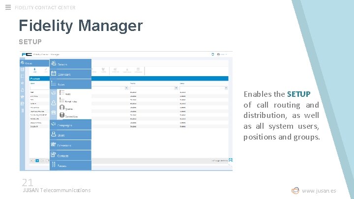 FIDELITY CONTACT CENTER Fidelity Manager SETUP Enables the SETUP of call routing and distribution, FIDELITY CONTACT CENTER Fidelity Manager SETUP Enables the SETUP of call routing and distribution,
