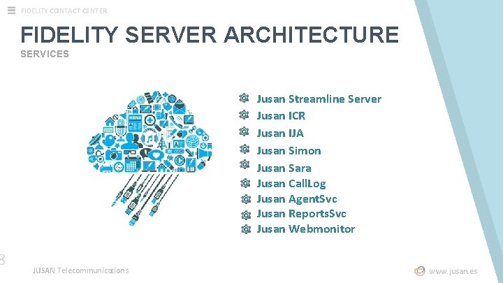 8 FIDELITY CONTACT CENTER FIDELITY SERVER ARCHITECTURE SERVICES JUSAN Telecommunications Jusan Streamline Server Jusan 8 FIDELITY CONTACT CENTER FIDELITY SERVER ARCHITECTURE SERVICES JUSAN Telecommunications Jusan Streamline Server Jusan